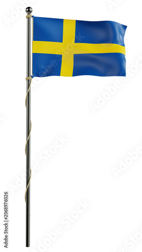 Swedish national flag waving gently on a metallic flagpole in a realistic 3D illustration isolated on a transparent background. Corporate branding, tourism, sport event, international theme.