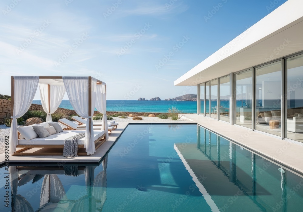 Fototapeta premium Modern poolside lounge with cabana and architectural home overlooking the ocean
