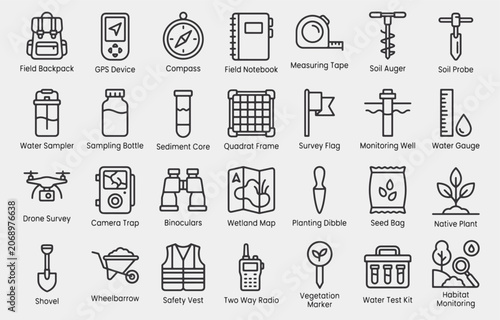 Habitat Restoration and Environmental Monitoring Tools Monoline Icon Set With Field Survey Equipment. Including Field Backpack, GPS Device, Compass, Field Notebook, Measuring Tape, Soil Auger, etc.