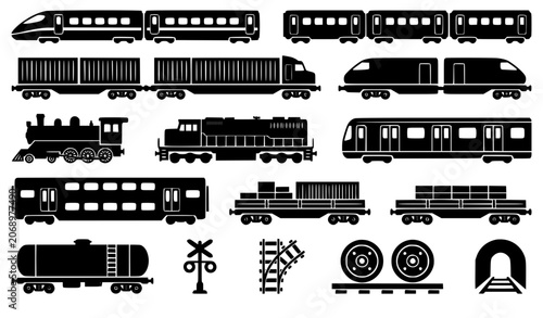 Fotografie Railway transportation silhouettes icon set featuring high speed bullet trains passenger subways vintage steam locomotives cargo freight carriers oil tankers tracks and transit tunnels