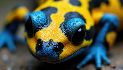 Close up of bright yellow and blue frog skin texture. Macro view shows bumpy surface and black spots. Amphibian shows amazing natural pattern.