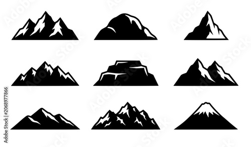 Schilderij op canvas Mountain silhouettes and snowy peaks icon collection featuring rocky mountain ranges, extreme climbing summits, outdoor adventure crests, and natural landscape graphics
