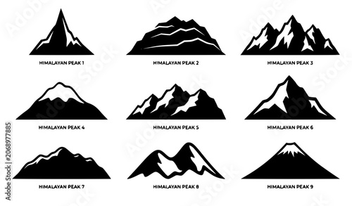 Bild auf Leinwand Mountain silhouettes and snowy peaks icon collection featuring rocky mountain ranges, extreme climbing summits, outdoor adventure crests, and natural landscape graphics