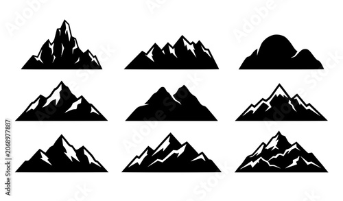 Quadro su tela Mountain silhouettes and snowy peaks icon collection featuring rocky mountain ranges, extreme climbing summits, outdoor adventure crests, and natural landscape graphics