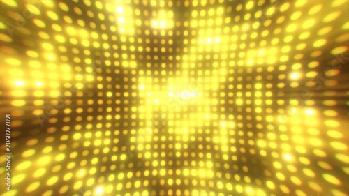 Bright golden yellow LED lights flashing with glowing rays. Perfect shiny glamour background for awards, disco or show.