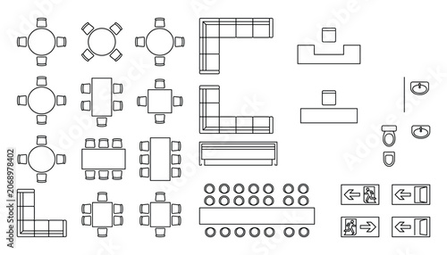 Various furniture sets top view vector illustrations transparent background interior elements collection.
