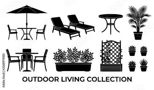 Cuadro en lienzo Outdoor living collection silhouettes vector set including patio dining furniture, sun loungers, deck umbrellas, garden tables, privacy trellises, potted palms, and backyard landscaping shrubs