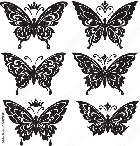 Set of black and white ornamental butterfly silhouettes, elegant butterfly vector icons isolated on a white background