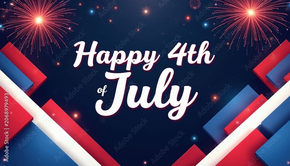 Fototapeta premium Abstract patriotic graphic design shows happy 4th of July text with red white blue geometric shapes and fireworks. Dark night sky with stars and lights.