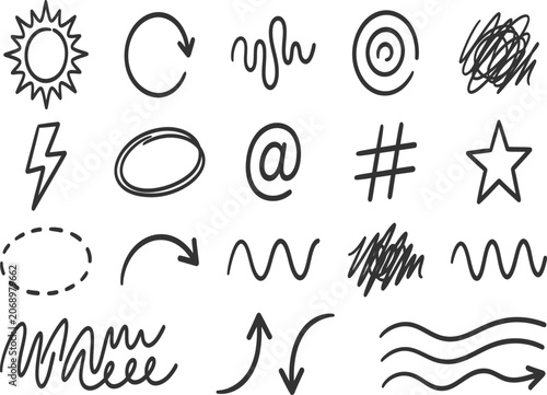 hand drawn doodle design elements with arrows and symbols