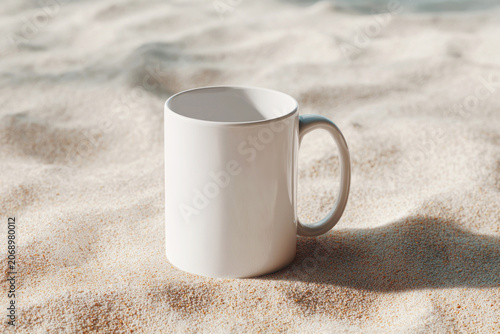 White ceramic mug mockup placed on sand, minimalist beach branding concept
