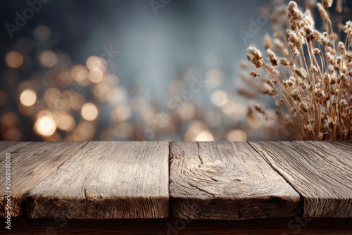 Empty wooden table top with warm glowing bokeh lights at night, cozy product display background