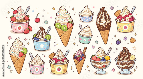 A delightful collection of cartoon-style ice cream and frozen yogurt desserts in cups and cones with various fruit and chocolate toppings.