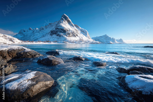 Winter seashore with majestic snow-covered mountains and dramatic coastal scenery