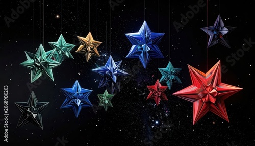 Colorful Christmas Stars Hanging from Ceiling Decor.