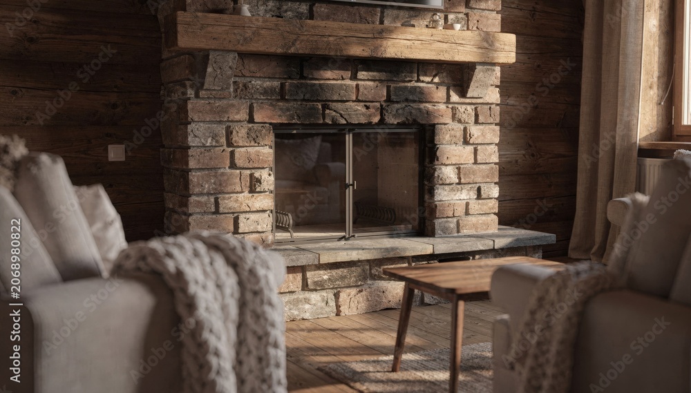 Obraz premium Mountain cabin hearth corner with an unlit brick fireplace as the main subject surrounded by blurred cushioned seats and a wooden side table evoking calm anticipation.