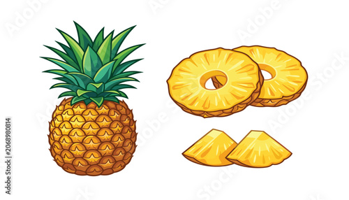 Foto Fresh whole pineapple with green leaves, sliced rings, and cut chunks vector illustration isolated on white background