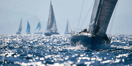 Sailboats racing across a sparkling blue ocean under a bright sky, capturing the thrill of competitive sailing and the beauty of the sea