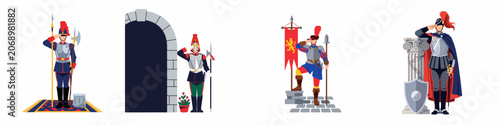 Schilderij op canvas Set of royal guards in ceremonial armor and historical uniforms, saluting and holding traditional weapons, flat vector illustration collection
