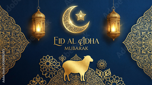 The concept of luxurious Eid al-Adha Mubarak greeting card with golden crescent, star, sheep, and lanterns, perfect for Islamic sacrifice holiday banners, Muslim cultural decor