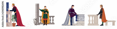Tableau sur toile Set of four flat vector illustrations of kings and noblemen in royal renaissance costumes standing on balconies and architectural elements