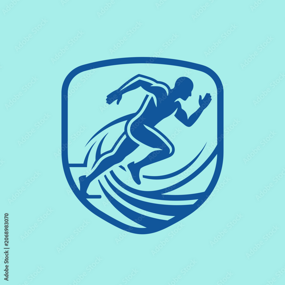 Obraz premium Blue silhouette of a male runner sprinting inside a shield frame