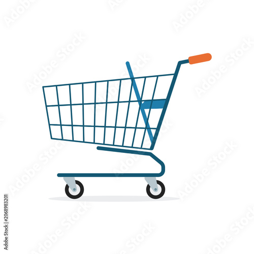 A blue metal shopping cart stands on a white background