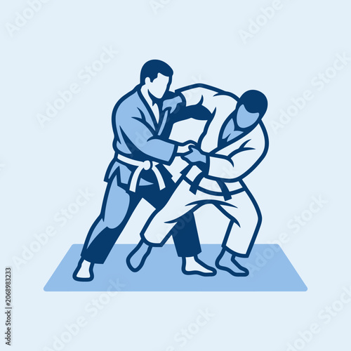 Two martial artists practice judo on a blue mat