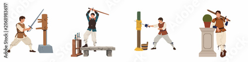 Cuadro en lienzo Set of illustrations depicting a medieval young man training in swordsmanship with various equipment like training dummies and sword racks