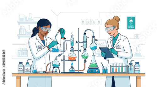 Scientists in lab coat conducting chemistry experiments with equipment
