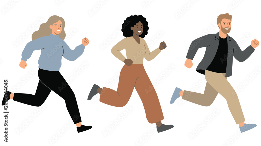Fototapeta premium Cartoon flat vector illustrations of diverse people running for fitness.