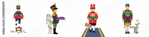 Tableau sur toile Set of four illustrations featuring young ring bearers dressed in ornate vintage military uniforms holding wedding rings on velvet cushions for a wedding ceremony