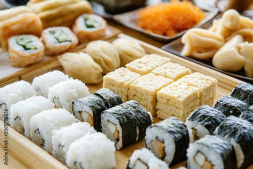 Japanese snack assortment, sushi roll, rice ball, dumpling, tofu, seaweed roll