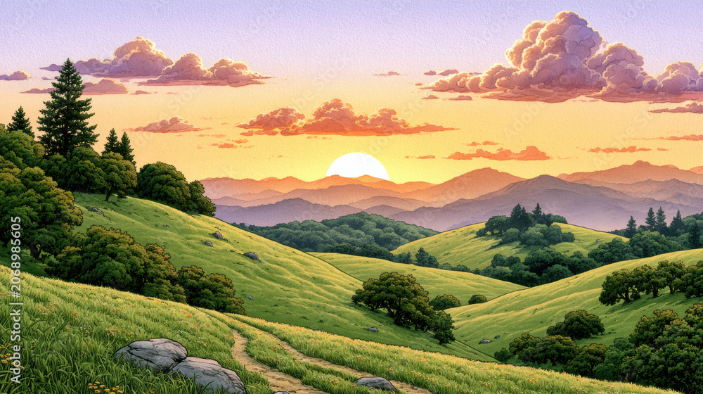 Fototapeta premium Sunset over rolling green hills with trees, rocks, and distant mountains under colorful sky with clouds watercolor style
