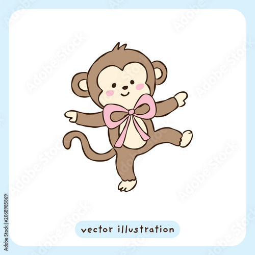 Cute baby monkey vector illustration, adorable little monkey character with pink bow, kawaii cartoon animal clipart