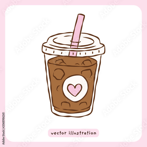 Cute Hand Drawn Iced Coffee Cup Illustration with Pink Heart Logo and Straw