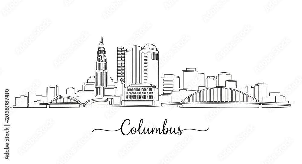 Fototapeta premium Columbus skyline line art illustration, Ohio city silhouette