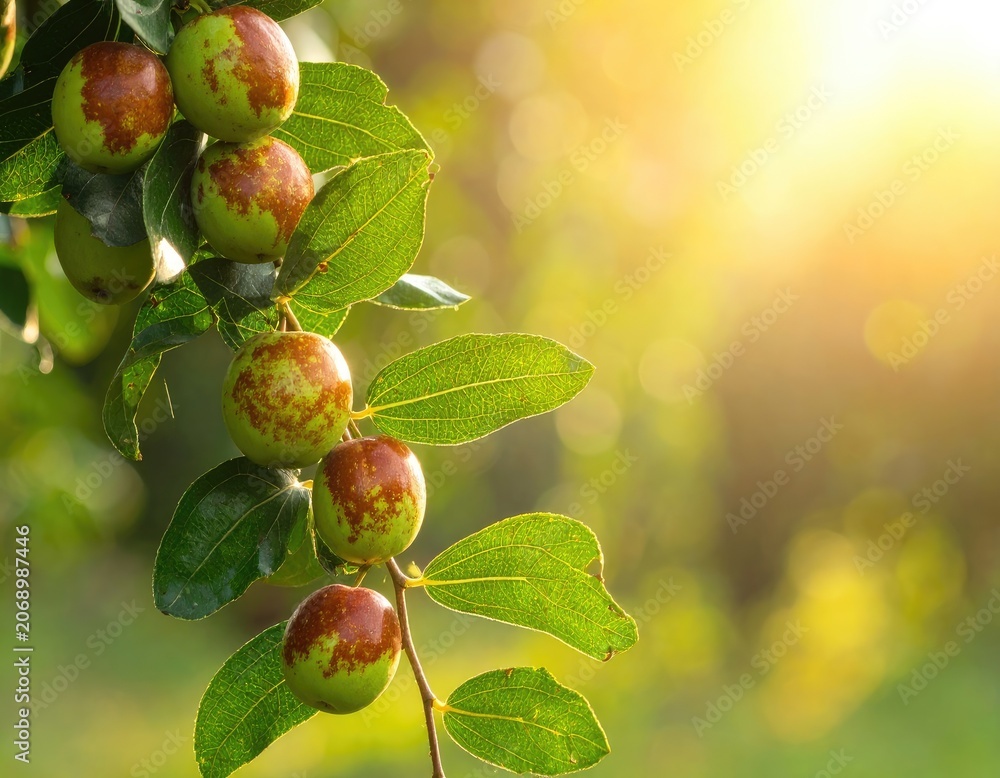 Fototapeta premium A branch laden with ripening green and red fruits, bathed in soft sunlight