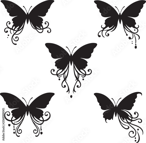 Black butterfly silhouettes collection with ornamental swirls vector illustration on white background