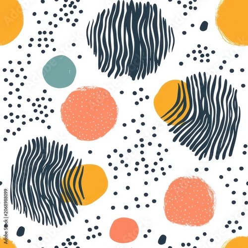 Seamless pattern with abstract hand drawn organic shapes, wavy lines, and polka dots in a modern Scandinavian style for textile, wallpaper, and stationery backgrounds