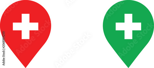 Red and green map pins with white cross symbols for navigation and medical location markers