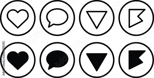 Set of black and white round social media interface icons with heart chat and arrow symbols