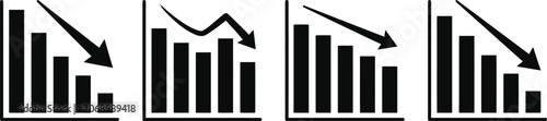 Set of black bar charts showing financial decline and negative business growth trends