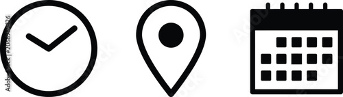 Set of black simple icons showing a clock time marker pin location and a monthly date calendar