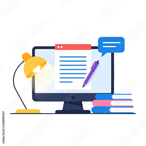 Online Education Concept Illustration With Computer Monitor Desk Lamp Books Pen And Digital Document Interface