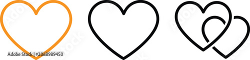 Set of simple heart icons with outline style in black and orange colors