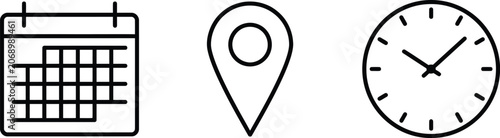 Set of simple black line icons including a calendar, location pin, and a wall clock