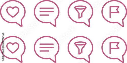 Set of social media chat bubble icons with heart filter list and flag symbols in pink outline