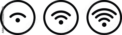 Set of three black circular wireless internet connection signal strength icons