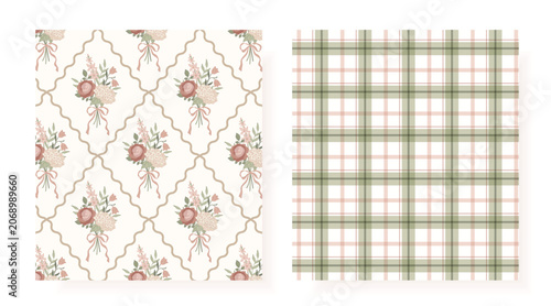 Photos Coordinated seamless vector pattern set featuring romantic floral bouquets on trellis background with matching plaid design